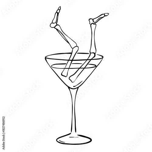 Skeleton Legs in Cocktail Glass Line Art