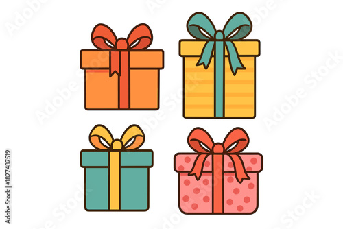 Four colorful wrapped gift boxes with decorative bows for holidays and celebrations