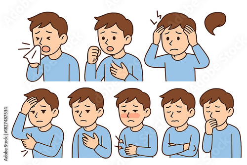 Young man experiencing common sickness symptoms including cold, flu, fever, and headache