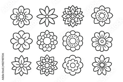 Twelve minimalist outline flower icons and decorative mandala symbols for spring and nature design