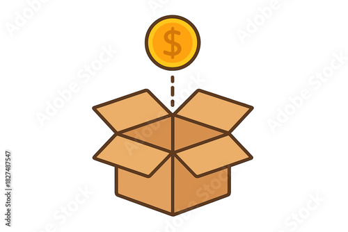 Dollar coin moving into an open shipping box symbolizing financial transaction