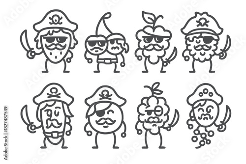 Funny fruit and berry pirate characters set in simple black and white line art style