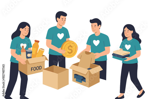 Group of diverse volunteers collecting food, clothing, and money donations for charity