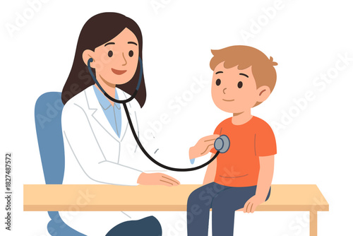 Female doctor using a stethoscope to check the heartbeat and lungs of a young boy during a routine medical examination