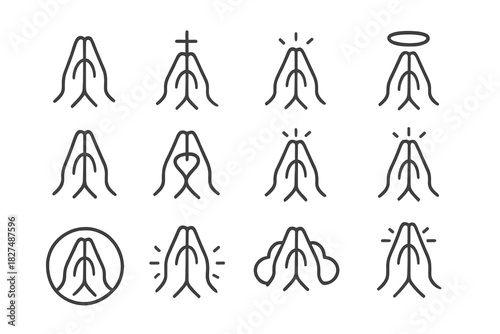 Minimal icons showing hands in prayer gesture with religious symbols