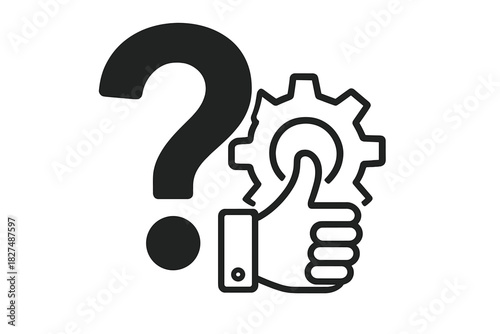 Question mark symbol, thumbs up hand gesture, and settings gear icon