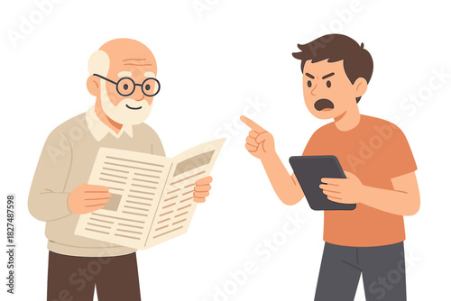 Angry young man with tablet arguing with calm senior man reading a newspaper