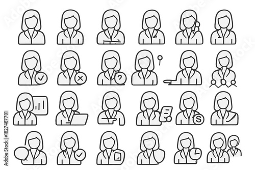 Thin line style collection of female user profile avatars and business icons