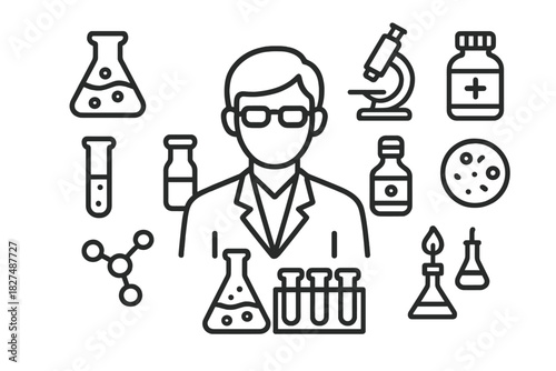 Scientist surrounded by chemistry and medical laboratory equipment outline icons