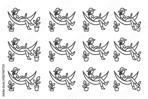 Digital nomad working on laptop resting in hammock surrounded by indoor plants