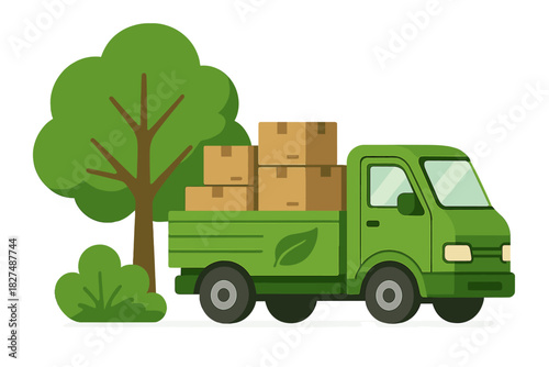 Green delivery truck full of packages parked next to a tree representing sustainable logistics