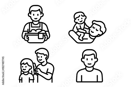 Modern outline icons featuring men performing domestic tasks, childcare, and service roles
