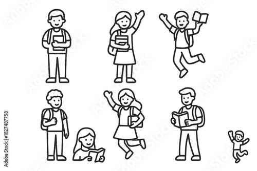 Diverse students with backpacks and books in various poses for school and education