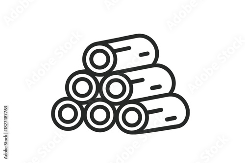 Minimalist black and white icon showing stacked wooden logs ready for lumber processing