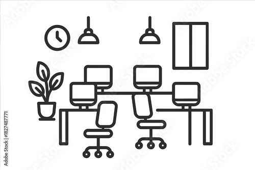 Modern open plan environment with multiple workstations, computers, desks, and chairs