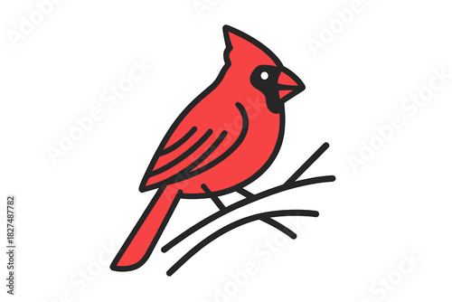 Minimalist bright red cardinal bird with black mask sitting on a bare branch