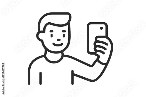 Minimalist line art of a smiling person taking a self-portrait with a smartphone