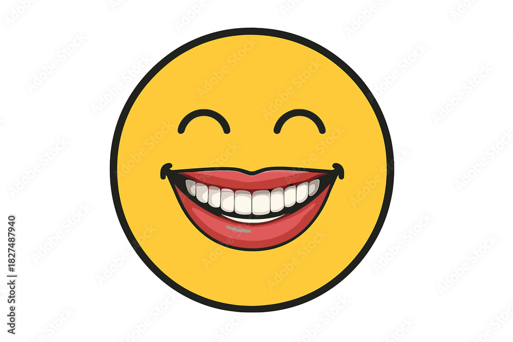 Fototapeta premium Wide happy grin emoji face showing teeth and red lips expressing joy and positive emotion