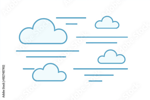Four stylized clouds moving fast with blue horizontal lines indicating speed and air flow