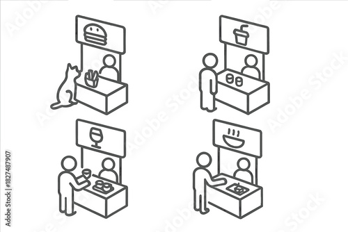 Isometric food and drink market stalls with vendors and customers