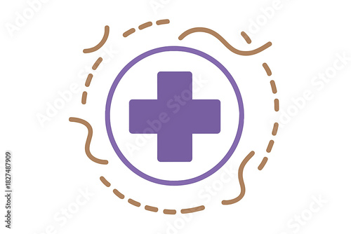 Purple cross symbol for health care and medical assistance with abstract brown lines