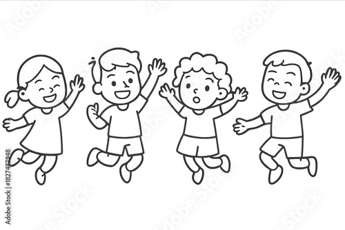 Four joyful young children leaping and celebrating success with big smiles and raised hands