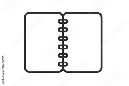 Simple black outline graphic showing an open spiral notebook with two blank pages for notes and sketches