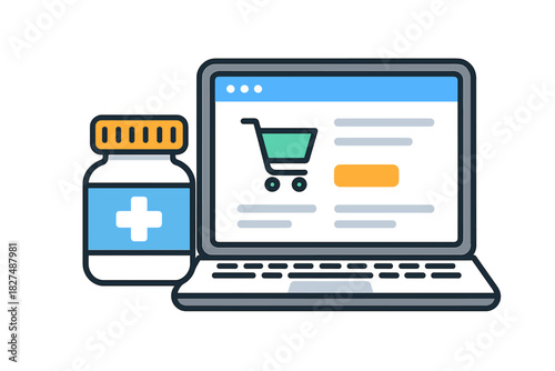 Digital pharmacy service displayed on a laptop screen with shopping cart and medication bottle
