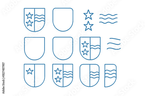 Modular collection of heraldic shield crest elements featuring stars and wavy water lines