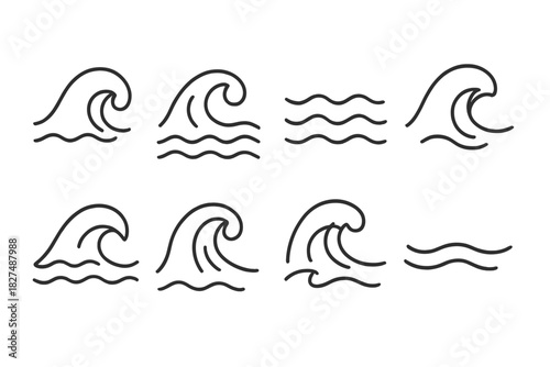 Minimalist set of eight outline icons depicting various ocean waves and water movement