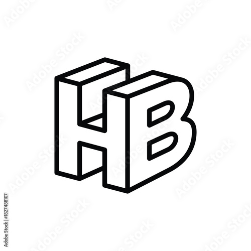 3D Outline HB Initial Logo Design - Isometric Line Art Vector