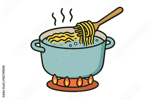 Spaghetti noodles cooking in boiling pot on stove burner with rising steam
