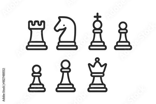 Set of outline icons representing various chess game pieces for strategy and competition