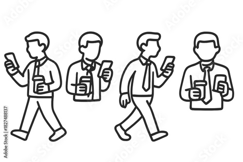 Busy professional men walking and standing using mobile phones and holding coffee cups