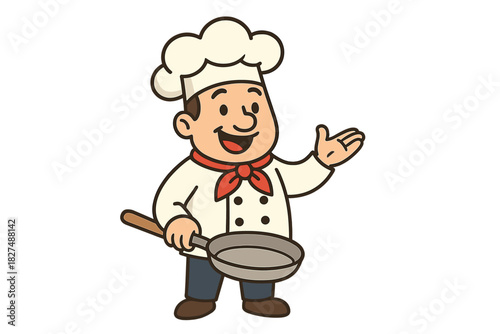 Cheerful cartoon chef character holding a frying pan and gesturing in white uniform