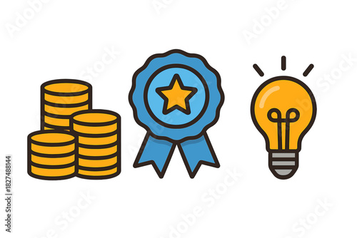 Financial success, quality achievement, and creative business ideas icons