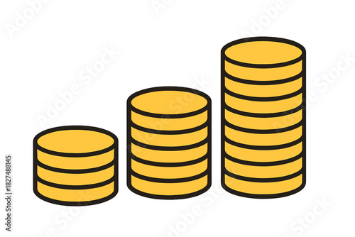 Three increasing stacks of golden coins representing financial growth and investment