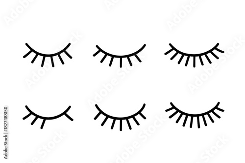 Set of six simple closed eyelashes in black line art style on a white background