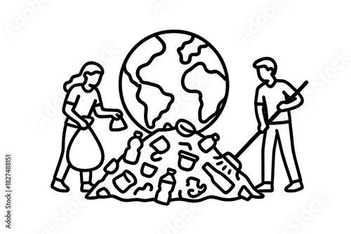 Volunteers collecting plastic waste and garbage pile in front of Earth globe