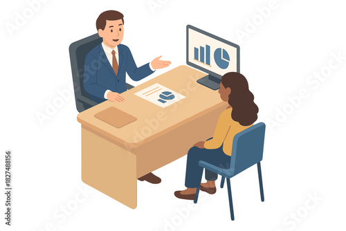 Professional business meeting discussing financial reports and performance metrics at an desk