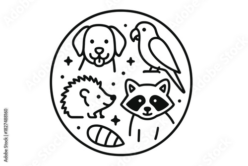Black and white outline heads of dog, parrot, hedgehog, and raccoon in circular frame