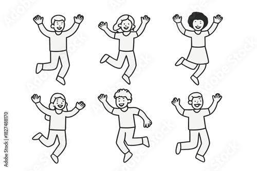 Outline drawing of a diverse group of happy people jumping and celebrating success with raised hands