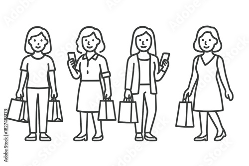 Diverse group of female shoppers carrying bags and checking their smartphones