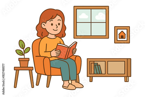 Happy female character sitting comfortably in an armchair reading a book at home