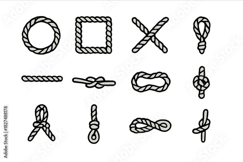 Assortment of nautical rope knots and decorative cord shapes for borders and frames