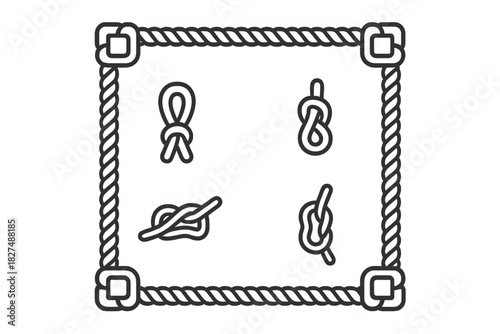 Collection of four different rope knots displayed inside a decorative nautical rope border frame
