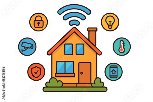 House connected to smart home automation features via wireless network icons