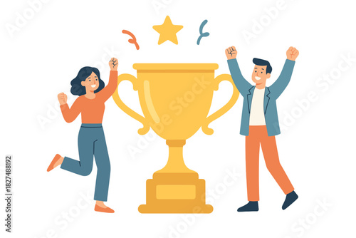 Business team celebrating success with giant golden trophy and confetti