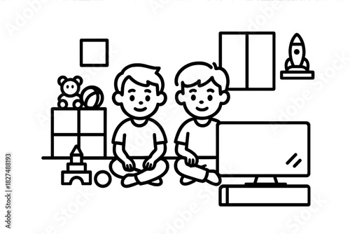 Smiling young boys sitting on the floor watching a screen together surrounded by toys