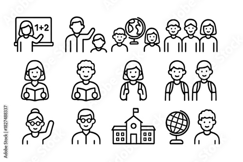 Outline icons set featuring symbols for school, education, students, teachers, and academic concepts